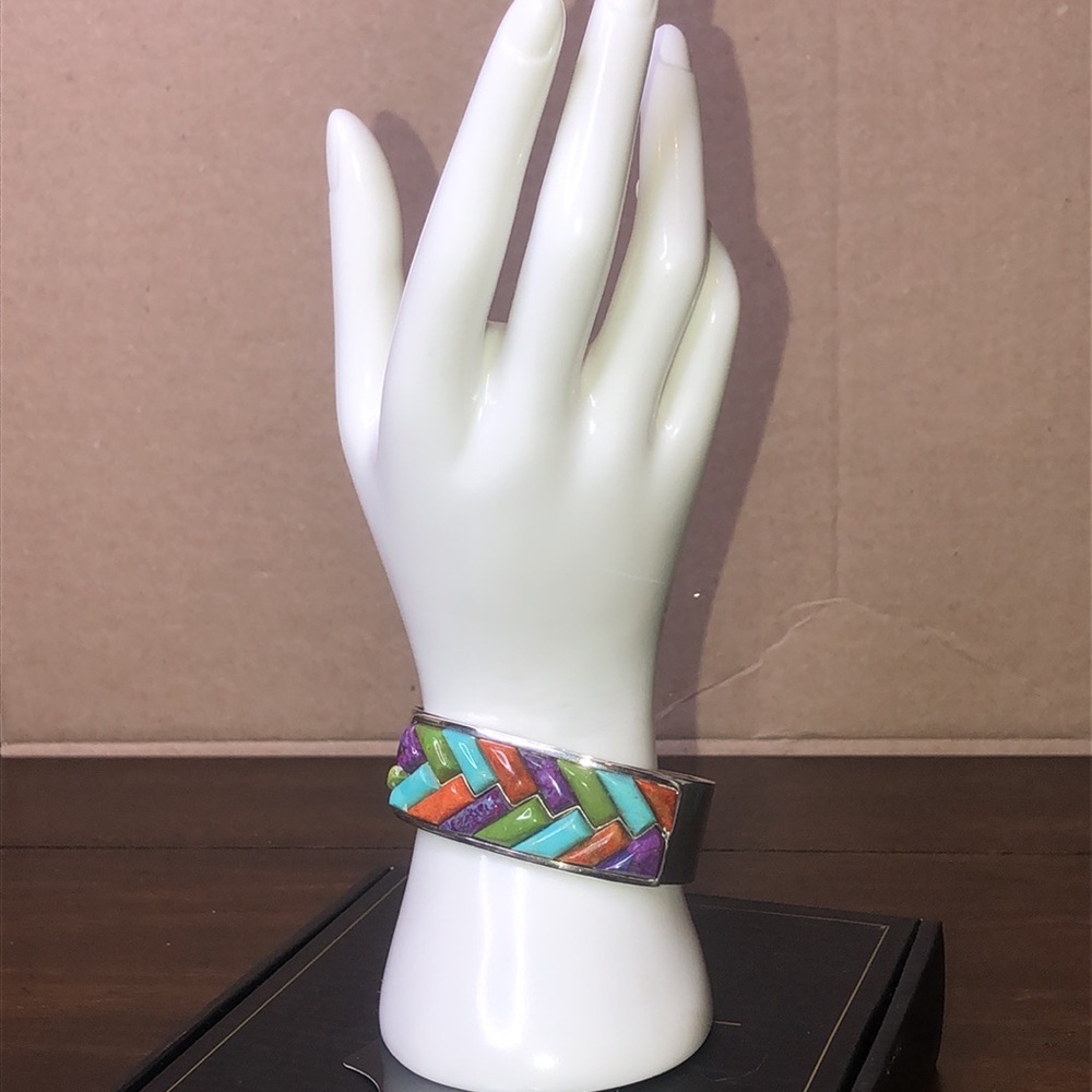 JAY KING Turquoise Coral Green Turquoise Sterling Silver Braided Gem Stone Cuff - Picture 4 of 17